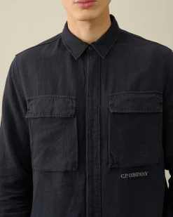 C.P. Company Broken Linen/Cotton Shirt Total Eclipse-Blue Sale
