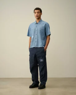 C.P. Company Chambray Short Sleeved Logo Shirt Stone Bleach-Blue New