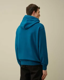 C.P. Company Cotton Diagonal Fleece Logo Hoodie Ink Blue Discount