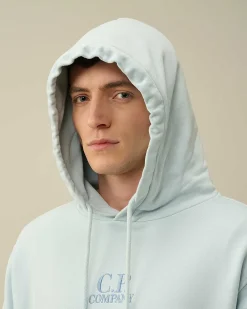 C.P. Company Cotton Diagonal Fleece Logo Hoodie Starlight Blue Shop