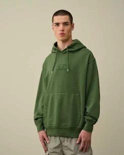 C.P. Company Cotton Diagonal Fleece Logo Hoodie Duck Green Cheap