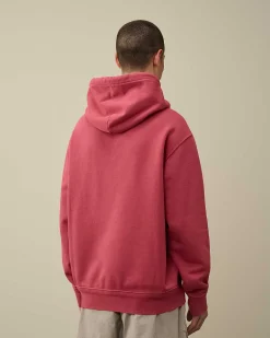C.P. Company Cotton Diagonal Fleece Logo Hoodie Red Bud Clearance
