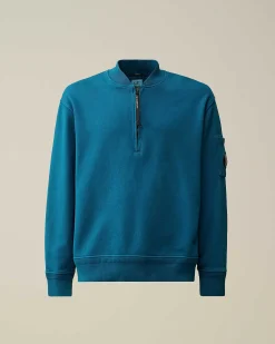 C.P. Company Cotton Diagonal Fleece Zipped Sweatshirt Ink Blue New