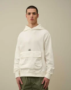 C.P. Company Cotton Fleece Mixed Hoodie Gauze White New