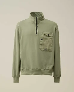 C.P. Company Cotton Fleece Mixed Zipped Sweatshirt Agave Green Hot