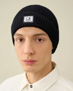 C.P. Company Cotton Logo Beanie Total Eclipse-Blue Outlet