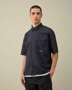 C.P. Company Cotton Popeline Short Sleeved Shirt Total Eclipse-Blue Discount