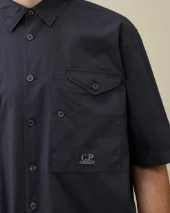 C.P. Company Cotton Popeline Short Sleeved Shirt Total Eclipse-Blue Discount