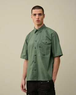 C.P. Company Cotton Popeline Short Sleeved Shirt Duck Green Outlet