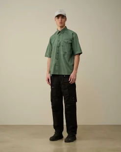 C.P. Company Cotton Popeline Short Sleeved Shirt Duck Green Outlet
