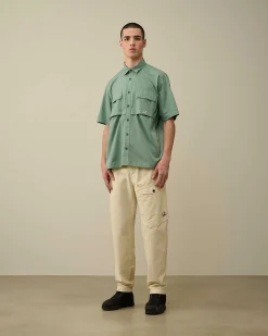 C.P. Company Cotton Rip-Stop Short Sleeved Shirt Green Bay Clearance