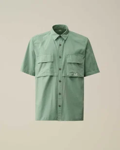 C.P. Company Cotton Rip-Stop Short Sleeved Shirt Green Bay Clearance