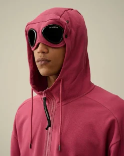 C.P. Company Diagonal Raised Fleece Goggle Zipped Hoodie Red Bud Clearance