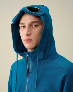C.P. Company Diagonal Raised Fleece Goggle Zipped Hoodie Ink Blue New