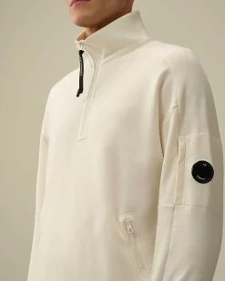 C.P. Company Diagonal Raised Fleece Zipped Sweatshirt Gauze White Clearance