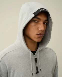 C.P. Company Diagonal Raised Fleece Zipped Hoodie Grey Melange Clearance