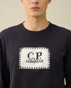 C.P. Company 30/1 Jersey Long Sleeved Logo T-Shirt Total Eclipse-Blue Cheap