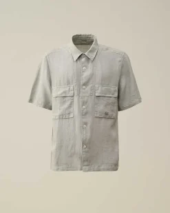 C.P. Company Linen Short Sleeved Shirt Drizzle Grey Discount
