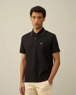 C.P. Company Stretch Piquet Regular Striped Collar Polo Shirt Black Fashion