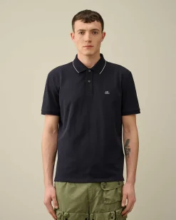 C.P. Company Stretch Piquet Regular Striped Collar Polo Shirt Total Eclipse-Blue New