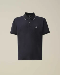C.P. Company Stretch Piquet Regular Striped Collar Polo Shirt Total Eclipse-Blue New