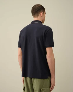 C.P. Company Stretch Piquet Regular Striped Collar Polo Shirt Total Eclipse-Blue New