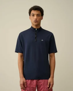 C.P. Company Tacting Piquet Zipped Polo Shirt Total Eclipse-Blue Cheap