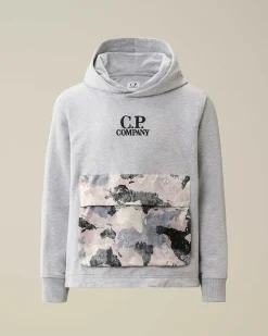 C.P. Company U16 Light Fleece Mixed Graphic Hoodie Grey Melange New