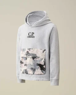C.P. Company U16 Light Fleece Mixed Graphic Hoodie Grey Melange New
