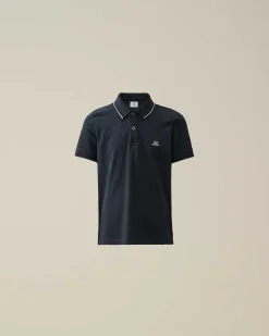 C.P. Company U16 Stretch Piquet Logo Striped Collar Polo Shirt Total Eclipse-Blue Cheap