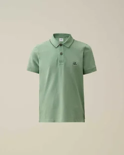 C.P. Company U16 Stretch Piquet Logo Striped Collar Polo Shirt Green Bay Clearance