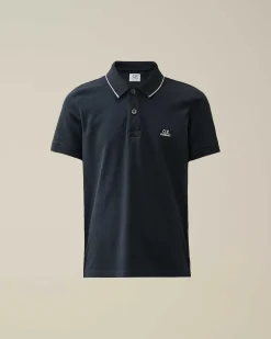 C.P. Company U16 Stretch Piquet Logo Striped Collar Polo Shirt Total Eclipse-Blue Flash Sale