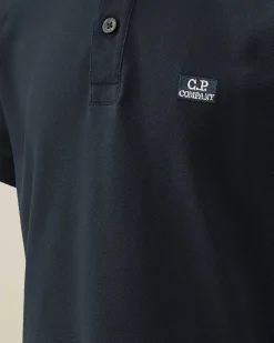 C.P. Company U16 Stretch Piquet Logo Striped Collar Polo Shirt Total Eclipse-Blue Flash Sale